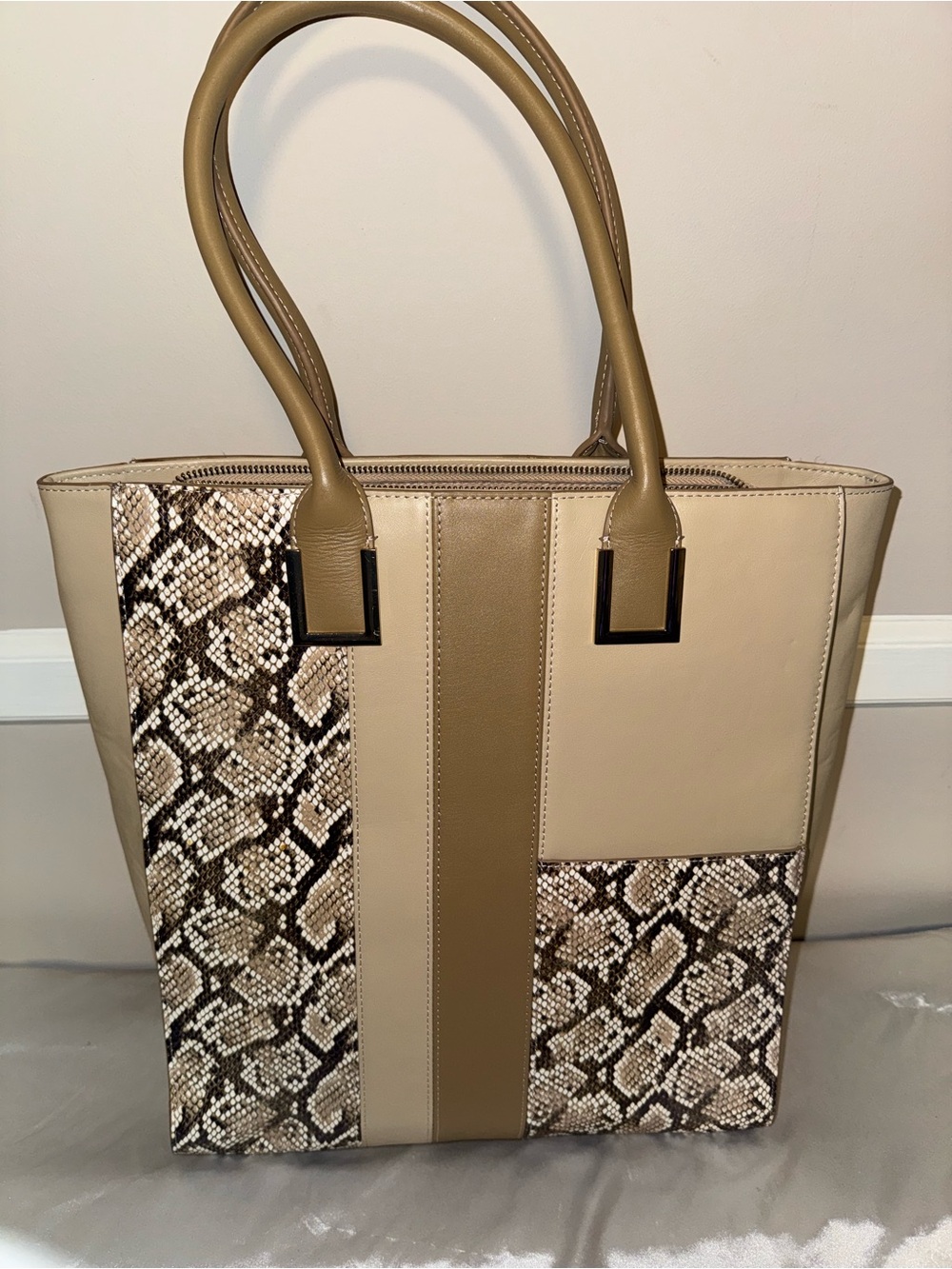 White House Black Marker Stylish Beige & Snake-Print Tote Bag